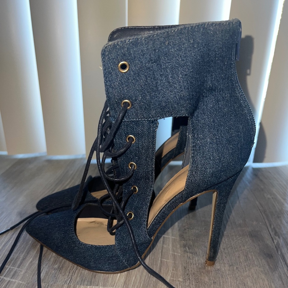 Denim Lace-Up Heels (Snug Fit)